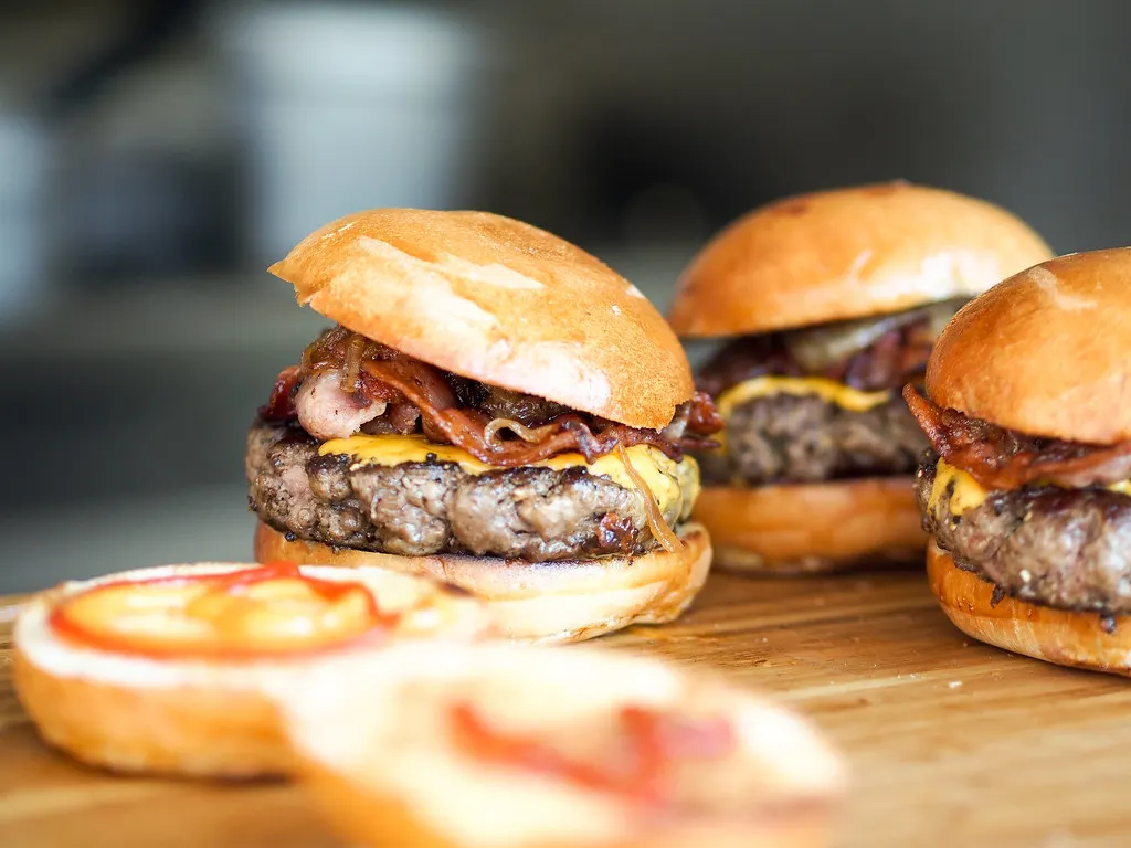 Beef burgers in toasted buns