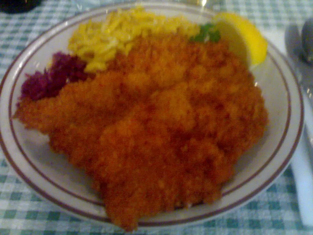 A breaded chicken escalope with chips